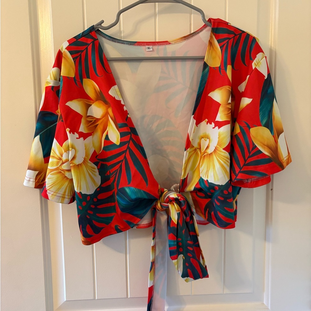 Floral Tie-Front Crop Top - Red and Yellow